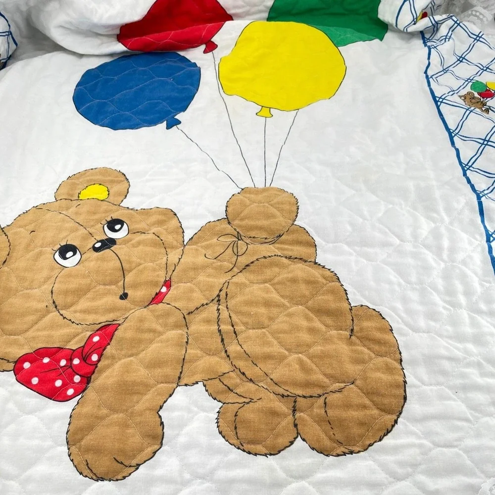 Vtg Thats Our Baby Teddy Bear Quilt & Dundee Flannel Blanket Set Balloons 2pc